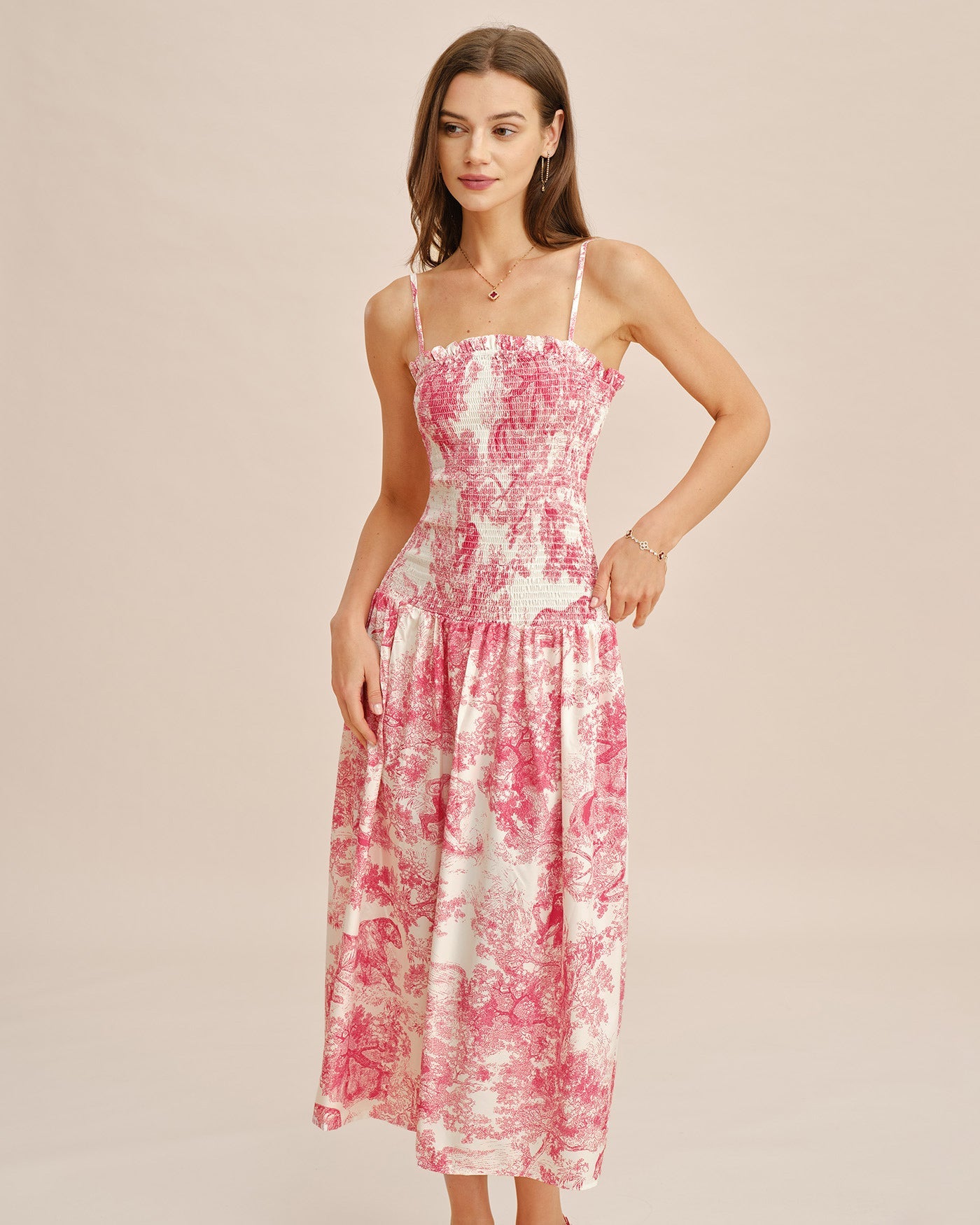 Pembe Çiçek Desenli Büzgülü Slip Maxi Elbise