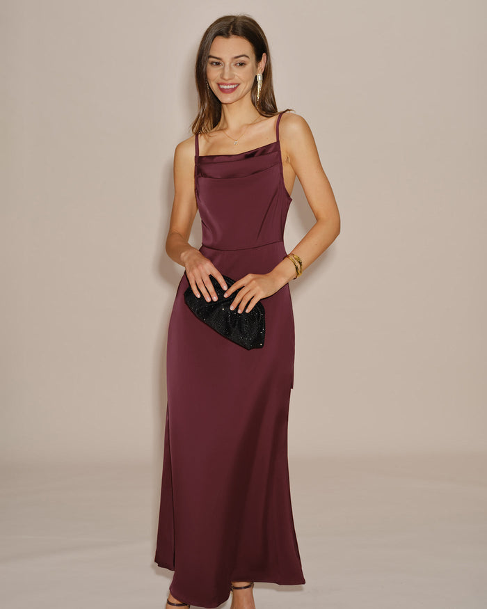Bordo Düz Renk Bağlamalı Slip Maxi Elbise