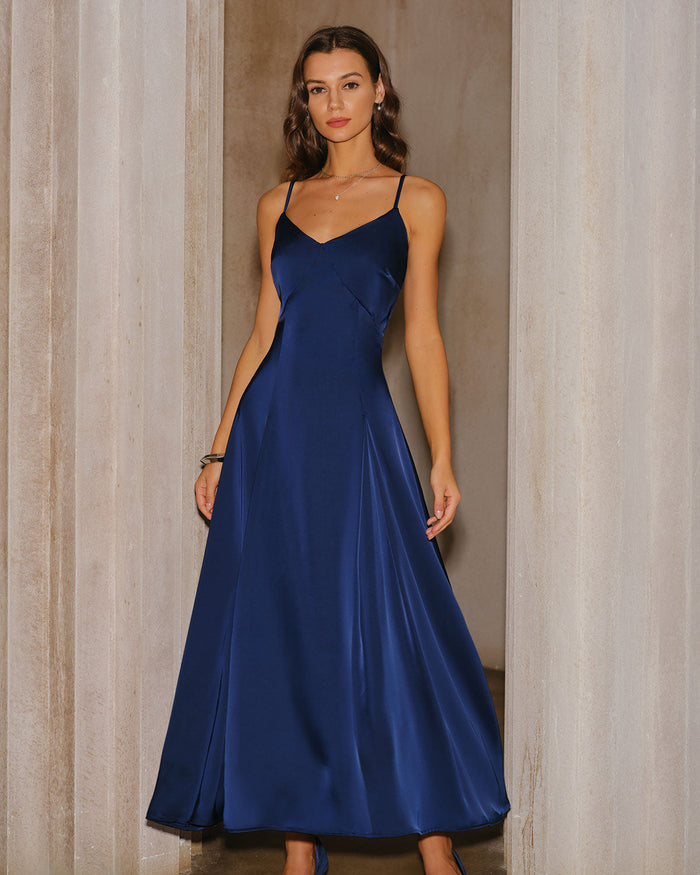 Lacivert A Kesim Slip Maxi Elbise
