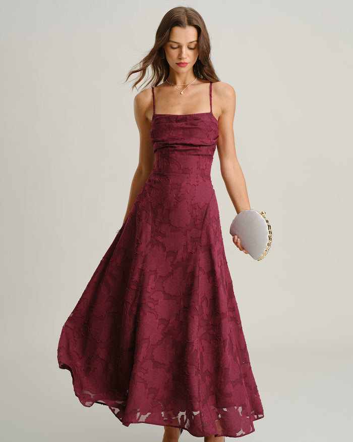 Bordo Jakarlı Slip Maxi Elbise