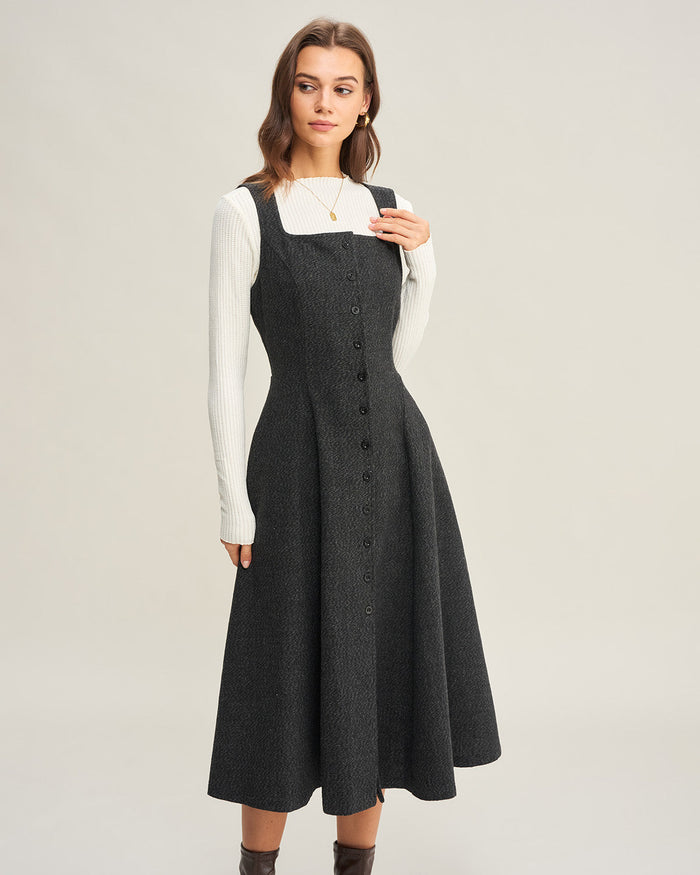Gri Tweed Kolsuz Midi Elbise