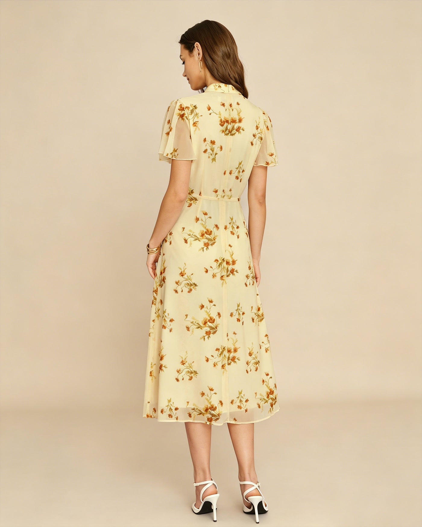 Sarı Balıkçı Yaka Kelebek Kol Çiçek Desenli Midi Elbise