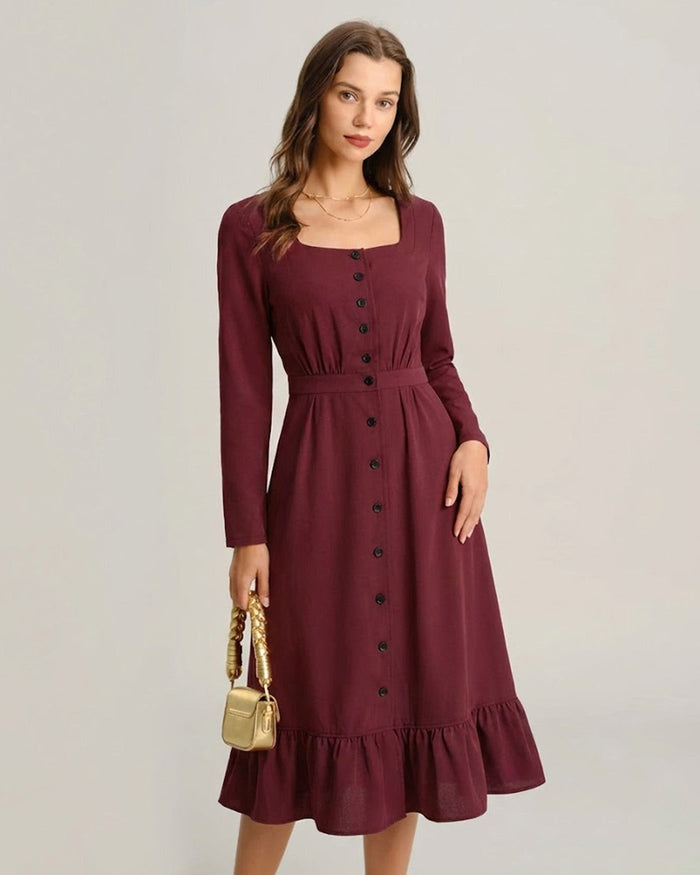 Bordo Kare Yaka Düğmeli Midi Elbise