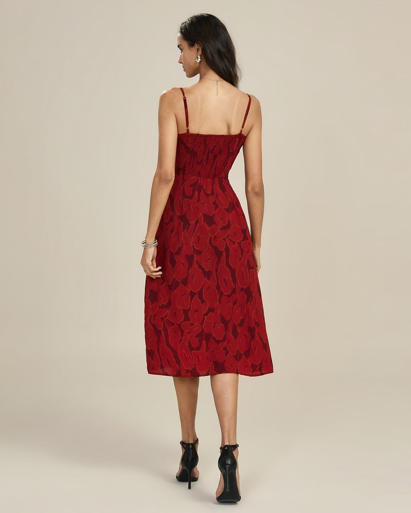 Kırmızı Büzgülü Çiçek Desenli Slip Midi Elbise