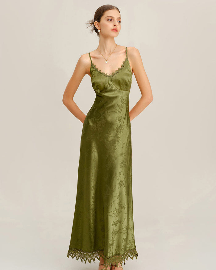 Yeşil Jakarlı Corset Slip Maxi Elbise