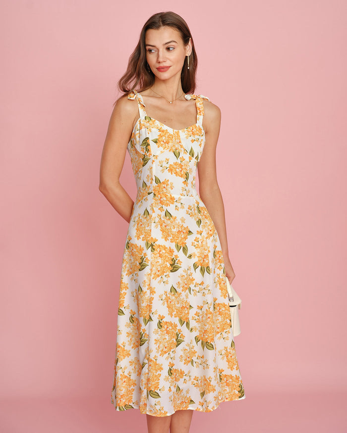Turuncu Çiçek Desenli Slip Midi Elbise
