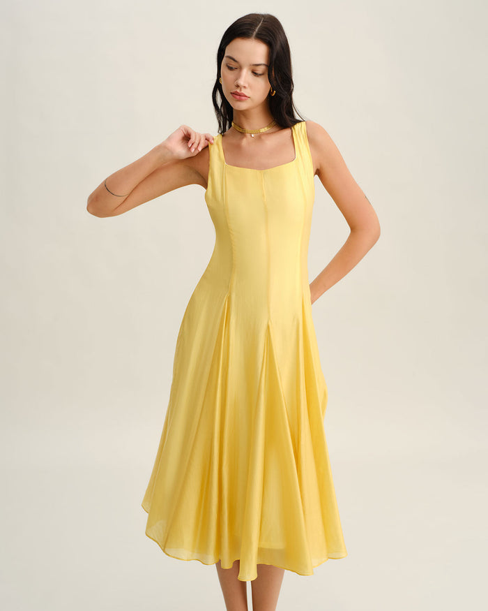 Sarı Kare Yaka Pileli Slip Midi Elbise