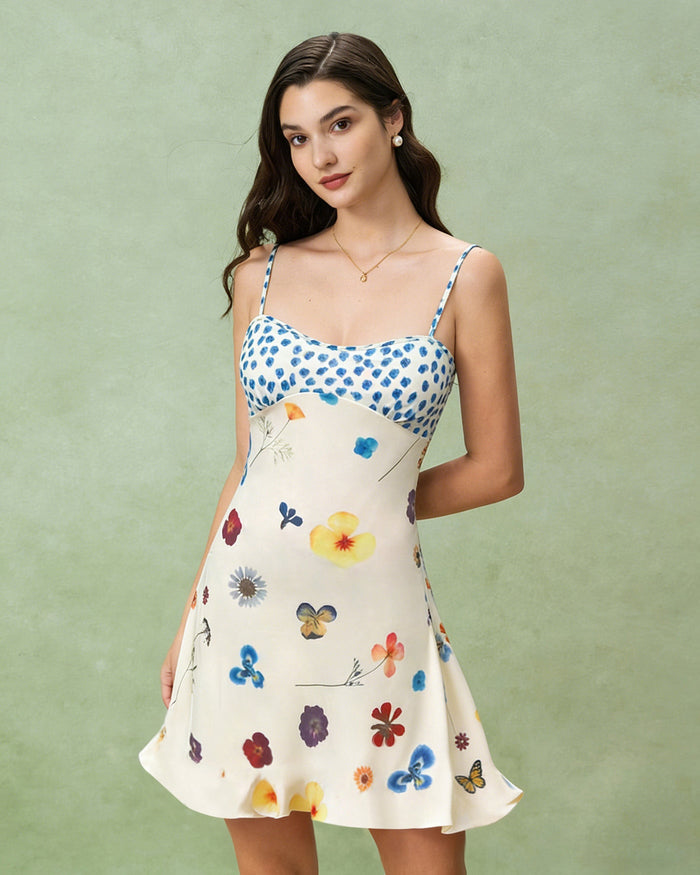 Kayısı Çiçek Desenli A Kesim Slip Mini Elbise