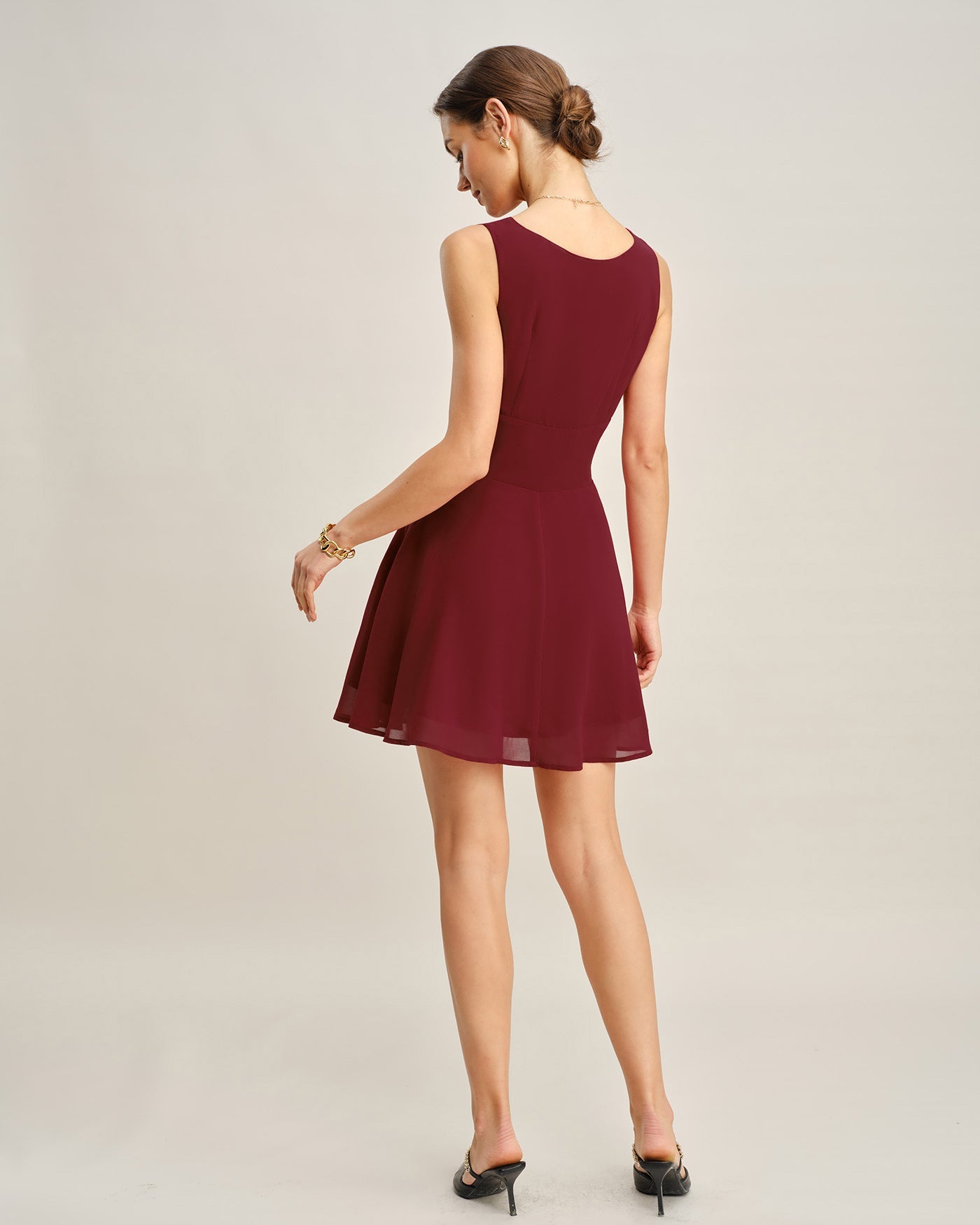 Bordo Kayık Yaka Pileli Mini Elbise