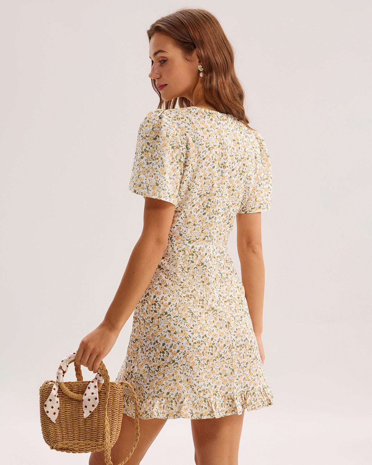 Sarı Çiçek Desenli V-Neck Mini Elbise