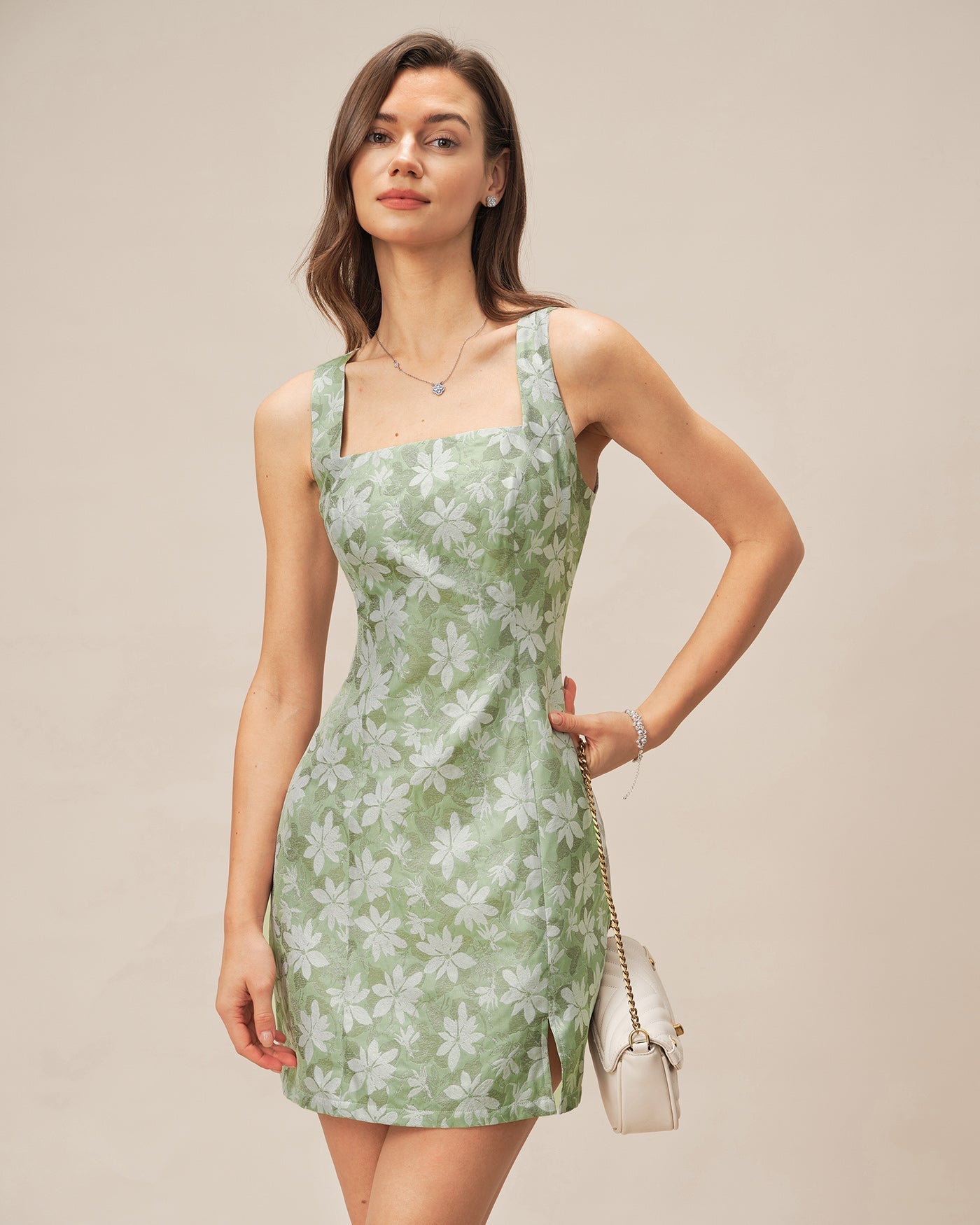 Yeşil Kare Yaka Yırtmaçlı Çiçek Desenli Mini Elbise