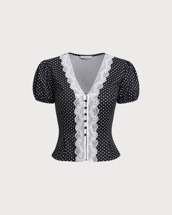 Siyah Puantiyeli Dantelli Trim Bluz