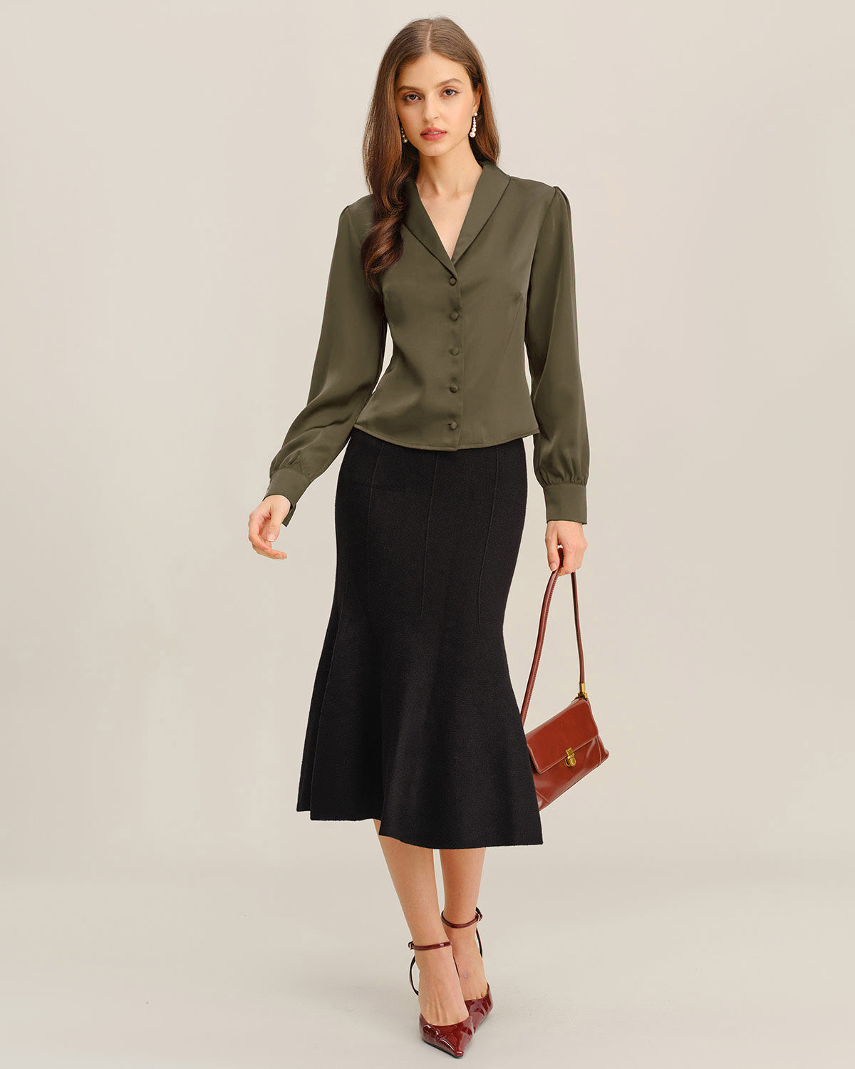 Yeşil Saten V-Neck Office Gömlek
