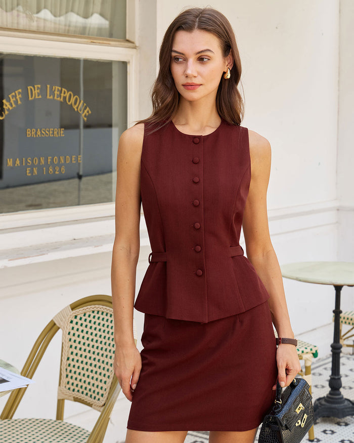 Bordo Düğmeli Belted Yelek