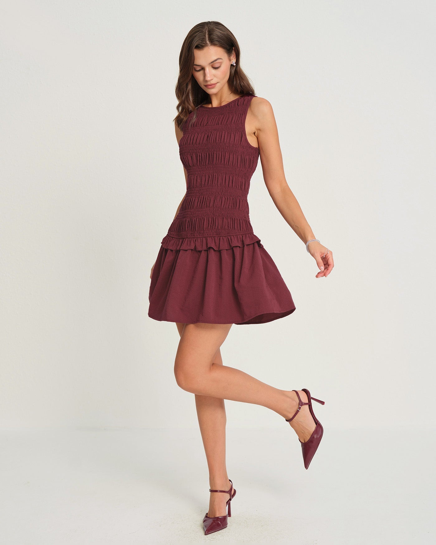 Bordo Kolsuz Büzgülü Mini Elbise