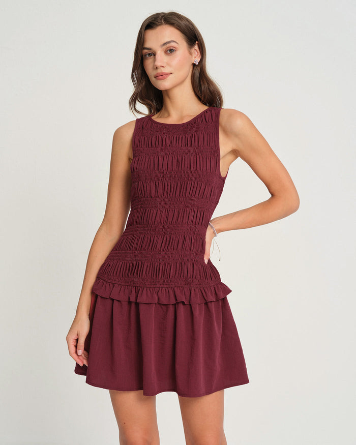 Bordo Kolsuz Büzgülü Mini Elbise