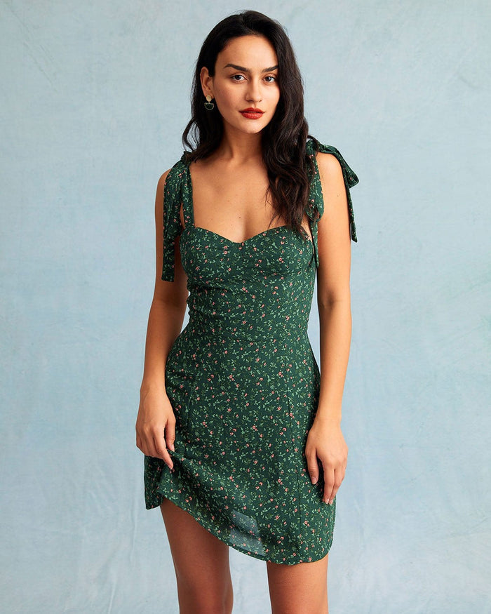 Yeşil Kalp Yaka Çiçek Desenli Slip Mini Elbise