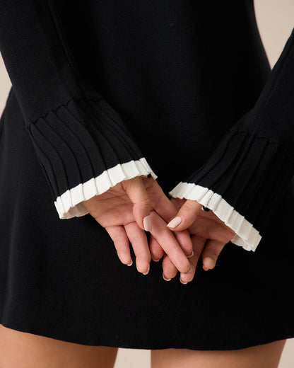 Siyah Kontrast Uzun Sleeve Kazak Mini Elbise