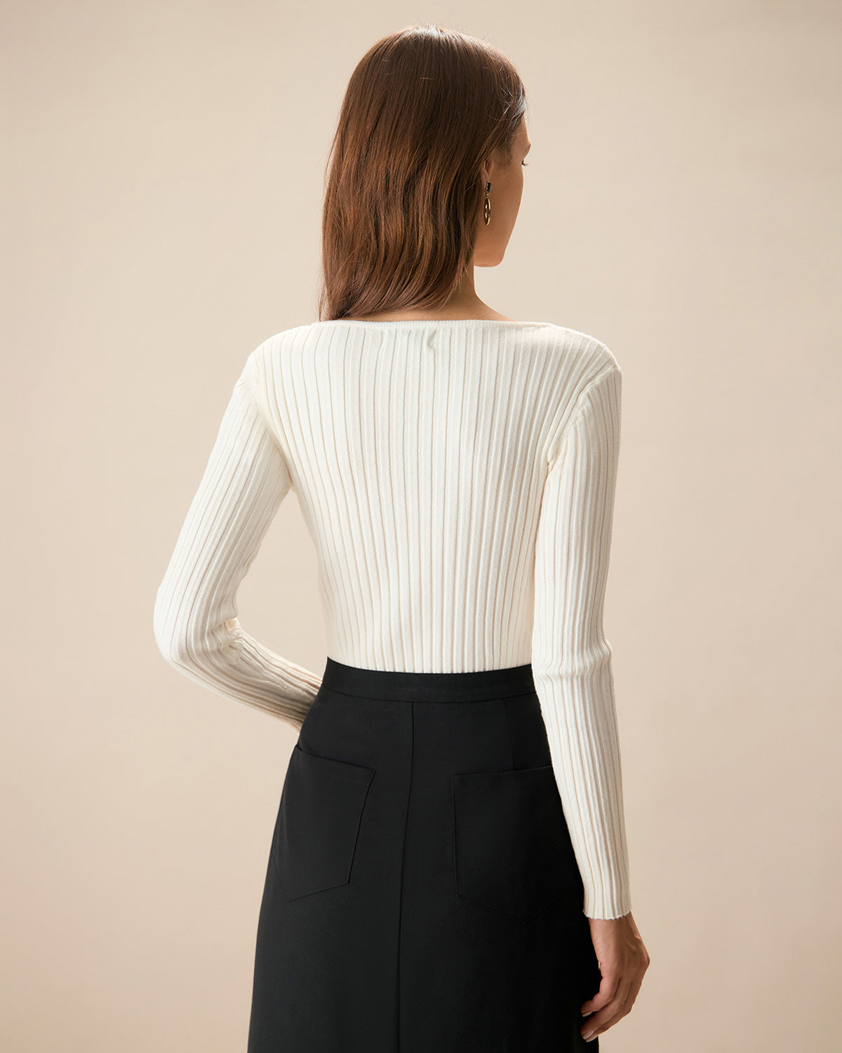 Beyaz V Yaka Teardrop Ribbed Triko Üst