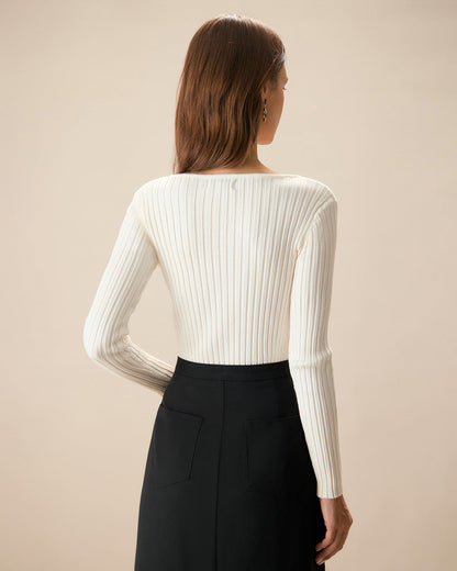 Beyaz V Yaka Teardrop Ribbed Triko Üst