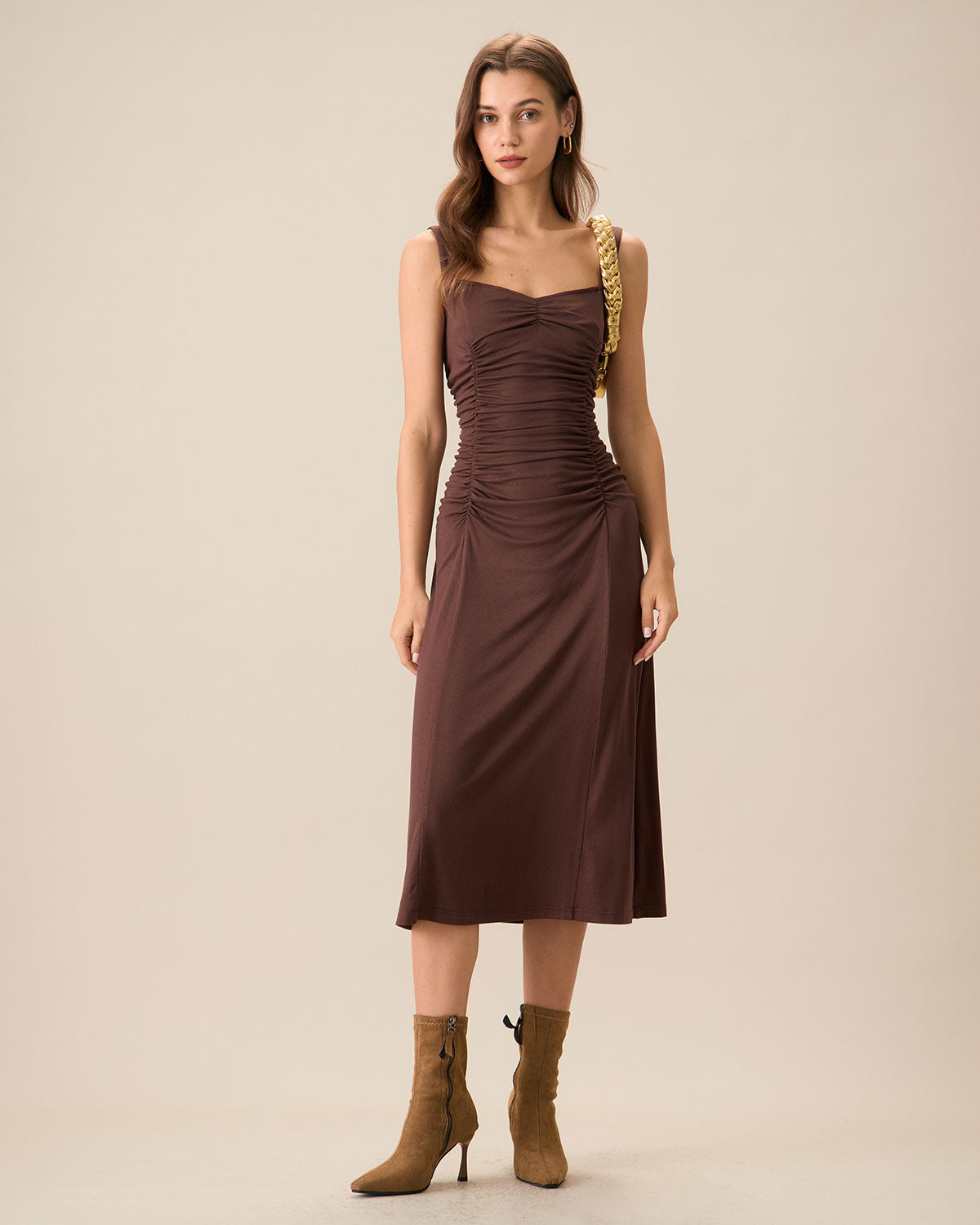 Kadın Kahve Büzgülü Knitted Slip Midi Elbise
