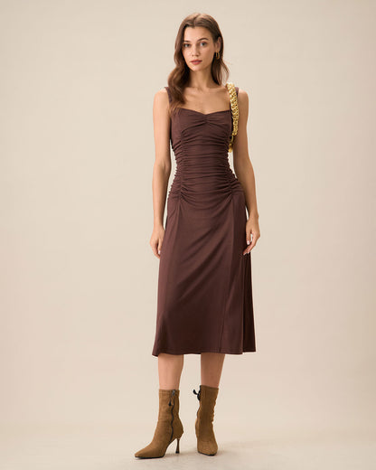 Kadın Kahve Büzgülü Knitted Slip Midi Elbise