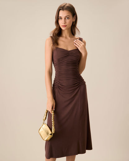Kadın Kahve Büzgülü Knitted Slip Midi Elbise
