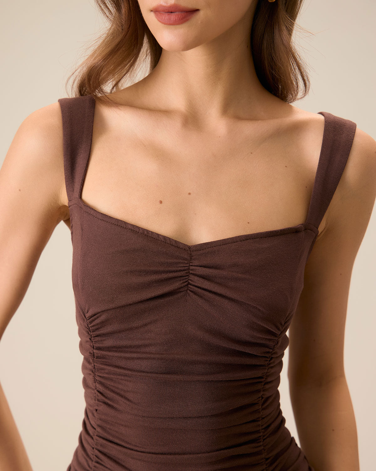 Kadın Kahve Büzgülü Knitted Slip Midi Elbise