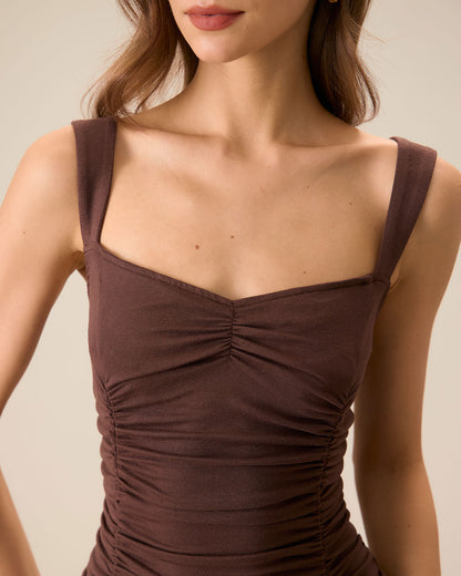 Kadın Kahve Büzgülü Knitted Slip Midi Elbise