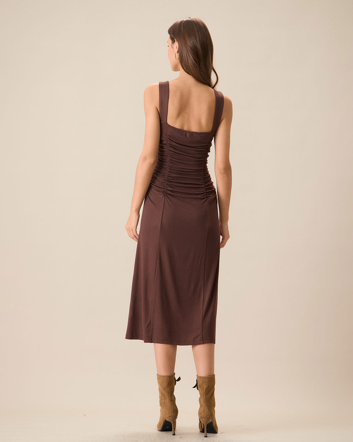 Kadın Kahve Büzgülü Knitted Slip Midi Elbise