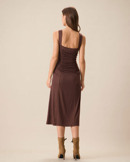 Kadın Kahve Büzgülü Knitted Slip Midi Elbise
