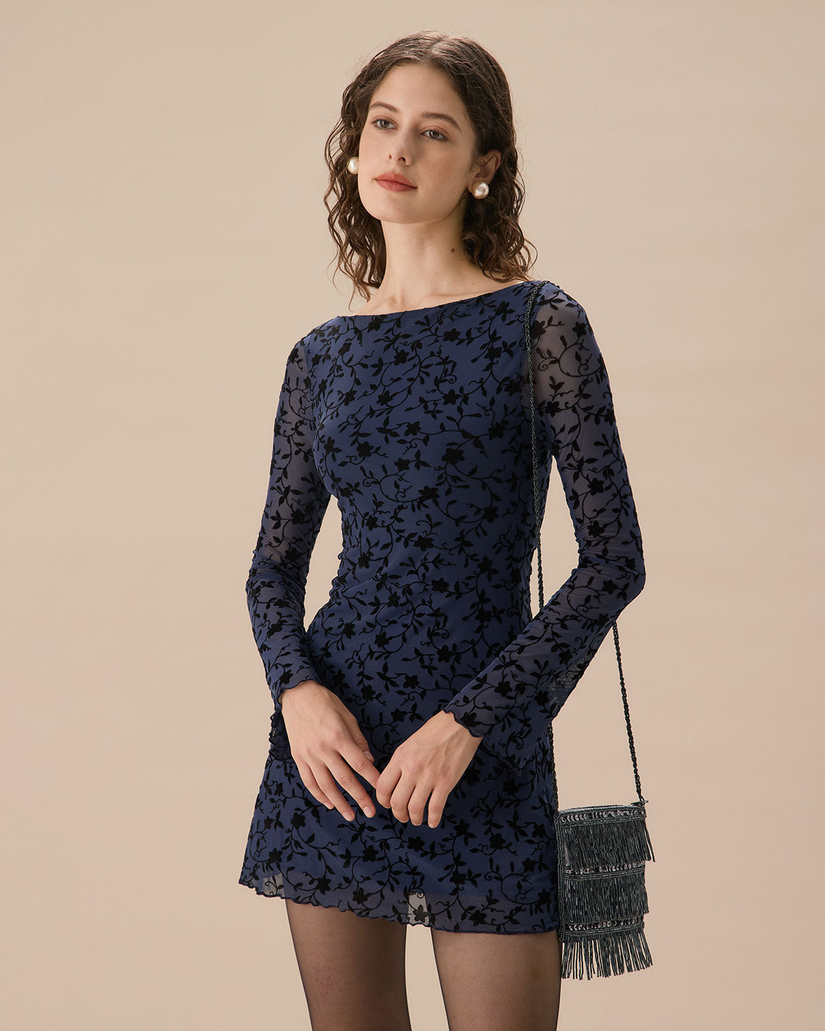 Kadın Mavi Transparan Uzun Sleeve Mini Elbise