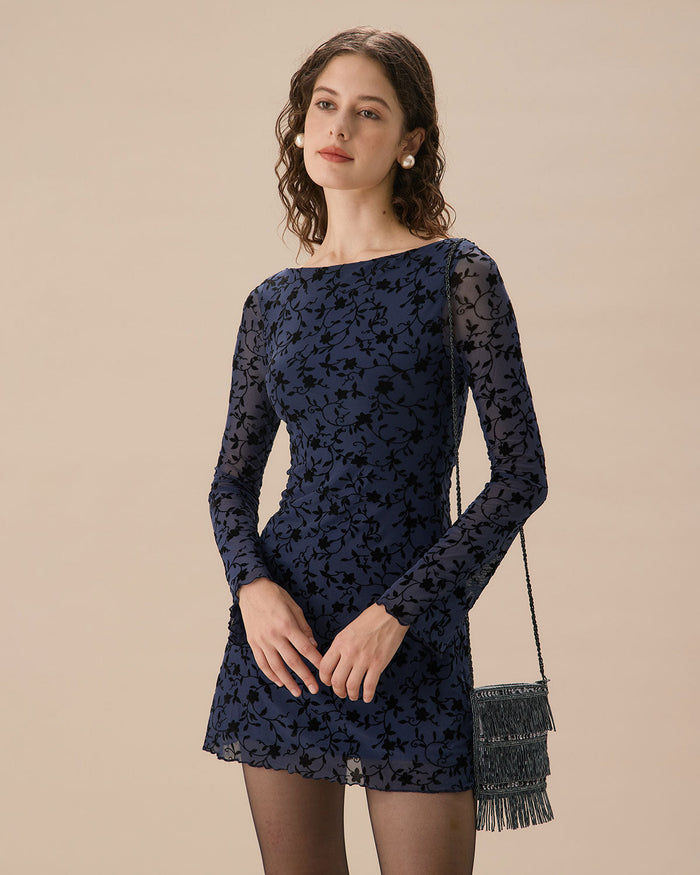 Kadın Mavi Transparan Uzun Sleeve Mini Elbise