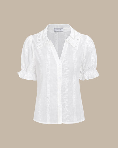 Kadın Beyaz Collared Dantelli Nakışlı Pamuk Bluz