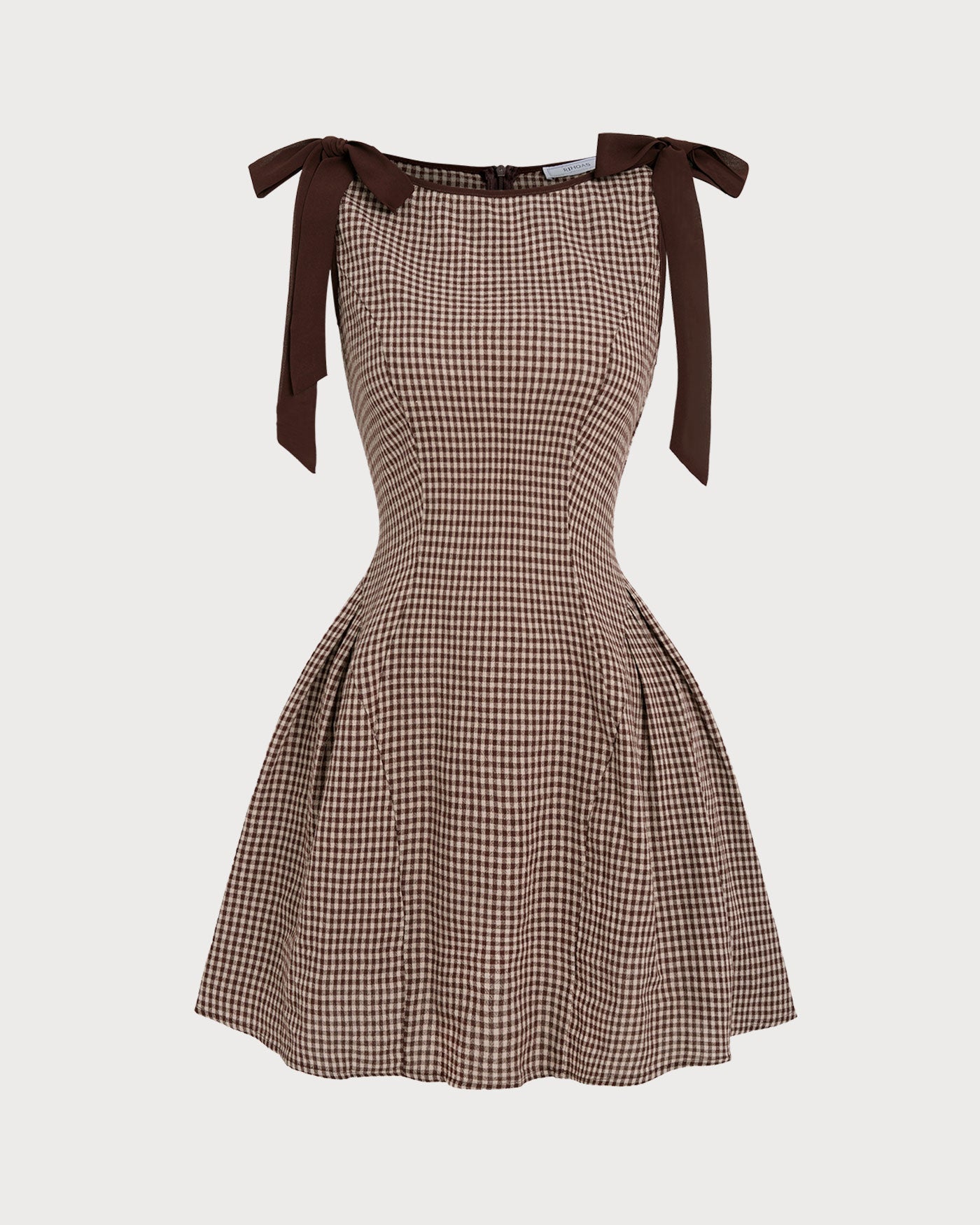 Kahverengi Gingham Bağlamalı Askılı Mini Elbise