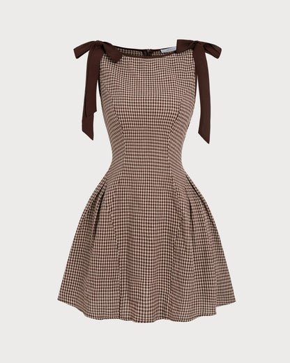 Kahverengi Gingham Bağlamalı Askılı Mini Elbise