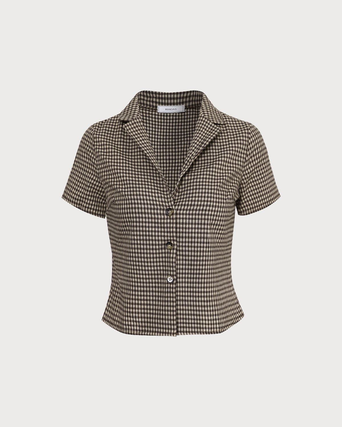 Kahverengi Lapel Gingham Kısa Sleeve Bluz