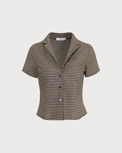 Kahverengi Lapel Gingham Kısa Sleeve Bluz