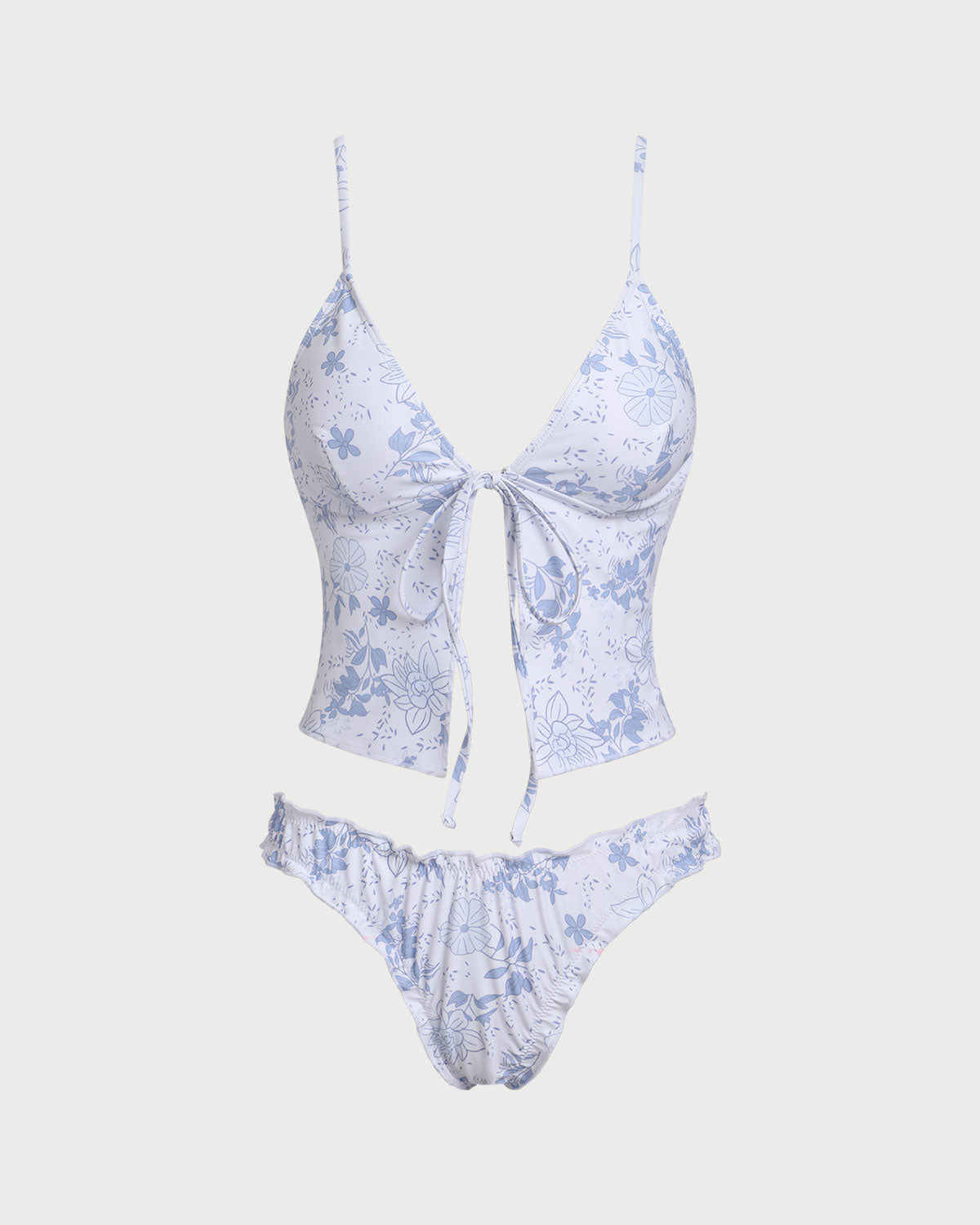 Mavi Çiçek Desenli Bağlamalı Front Tankini Set
