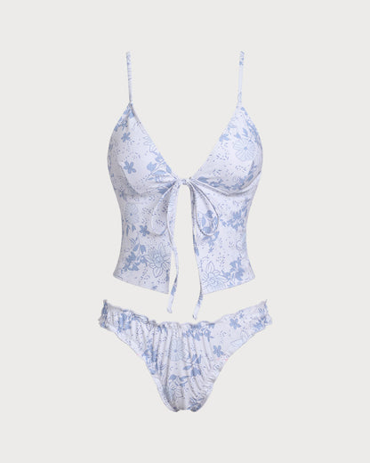 Mavi Çiçek Desenli Bağlamalı Front Tankini Set