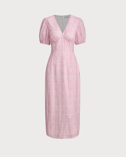 Pembe Ekoseli V-Neck Midi Elbise