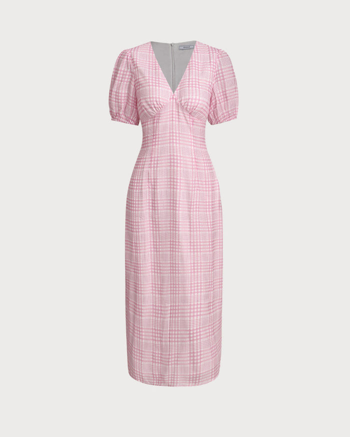 Pembe Ekoseli V-Neck Midi Elbise