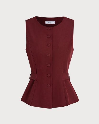 Bordo Düğmeli Belted Yelek