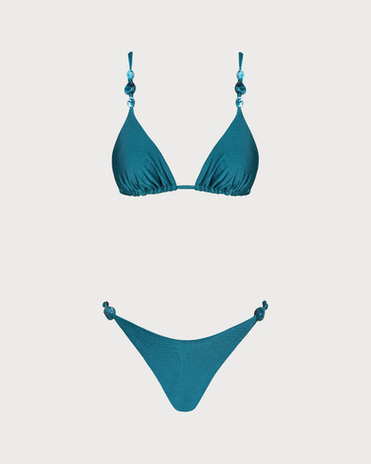 Turkuaz Büzgülü Üçgen Bikini Takımı
