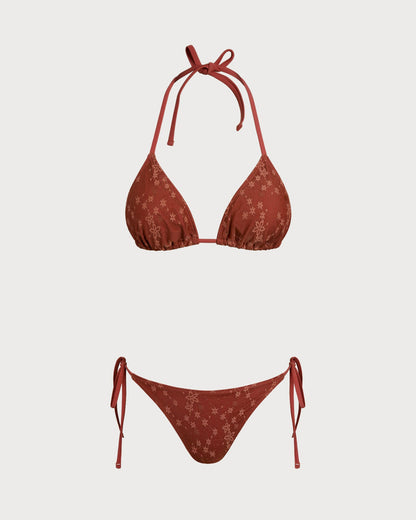 Kırmızı Boyundan Bağlamalı File Büzgü Bağlamalı Bikini Takımı