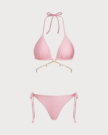 Pembe Boyundan Bağlamalı Halka Detaylı Büzgü Bağlamalı Bikini Takımı