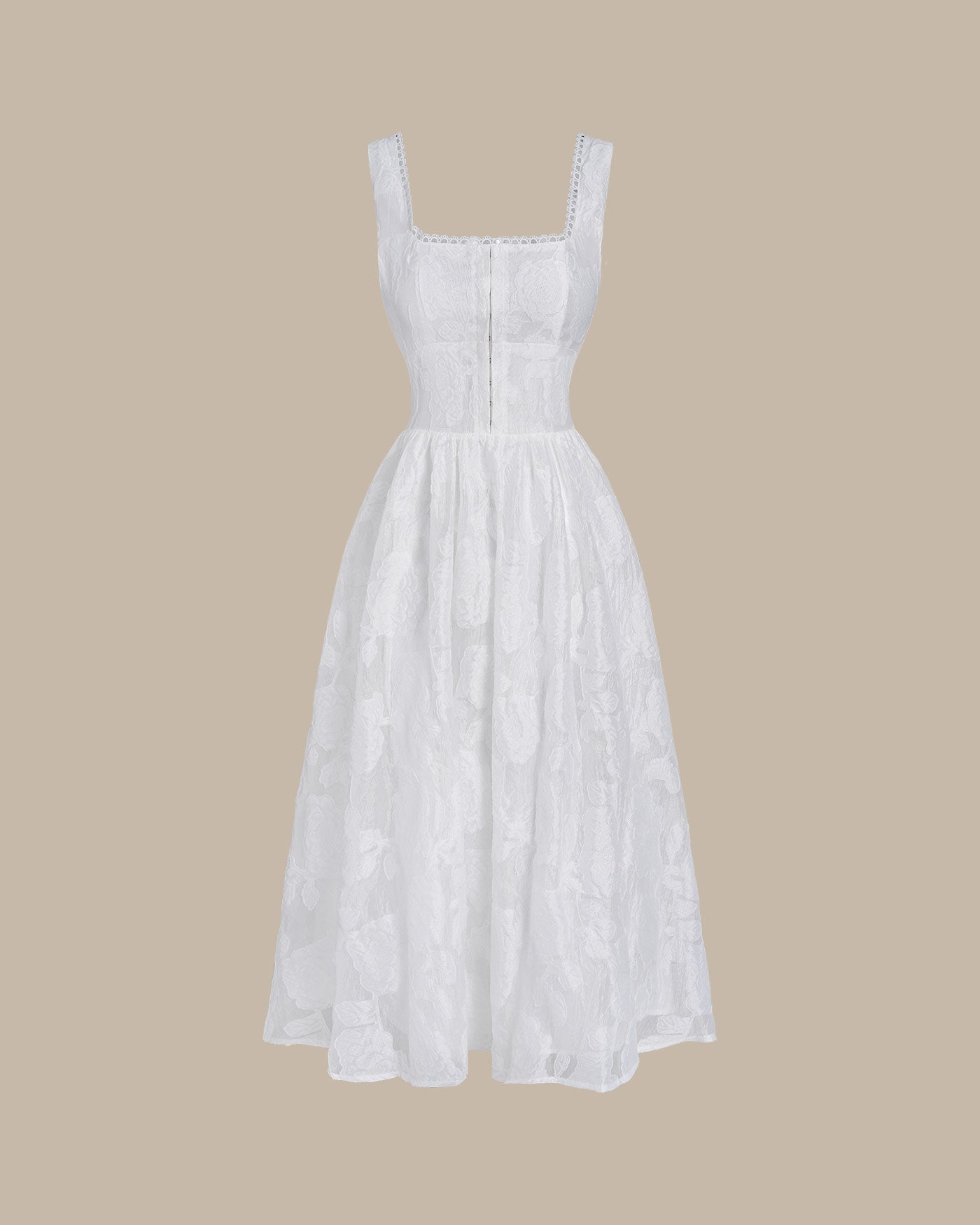 Beyaz Jakarlı Büzgülü Slip Midi Elbise