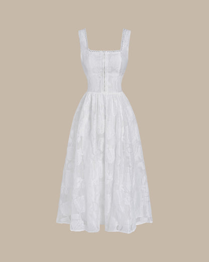 Beyaz Jakarlı Büzgülü Slip Midi Elbise