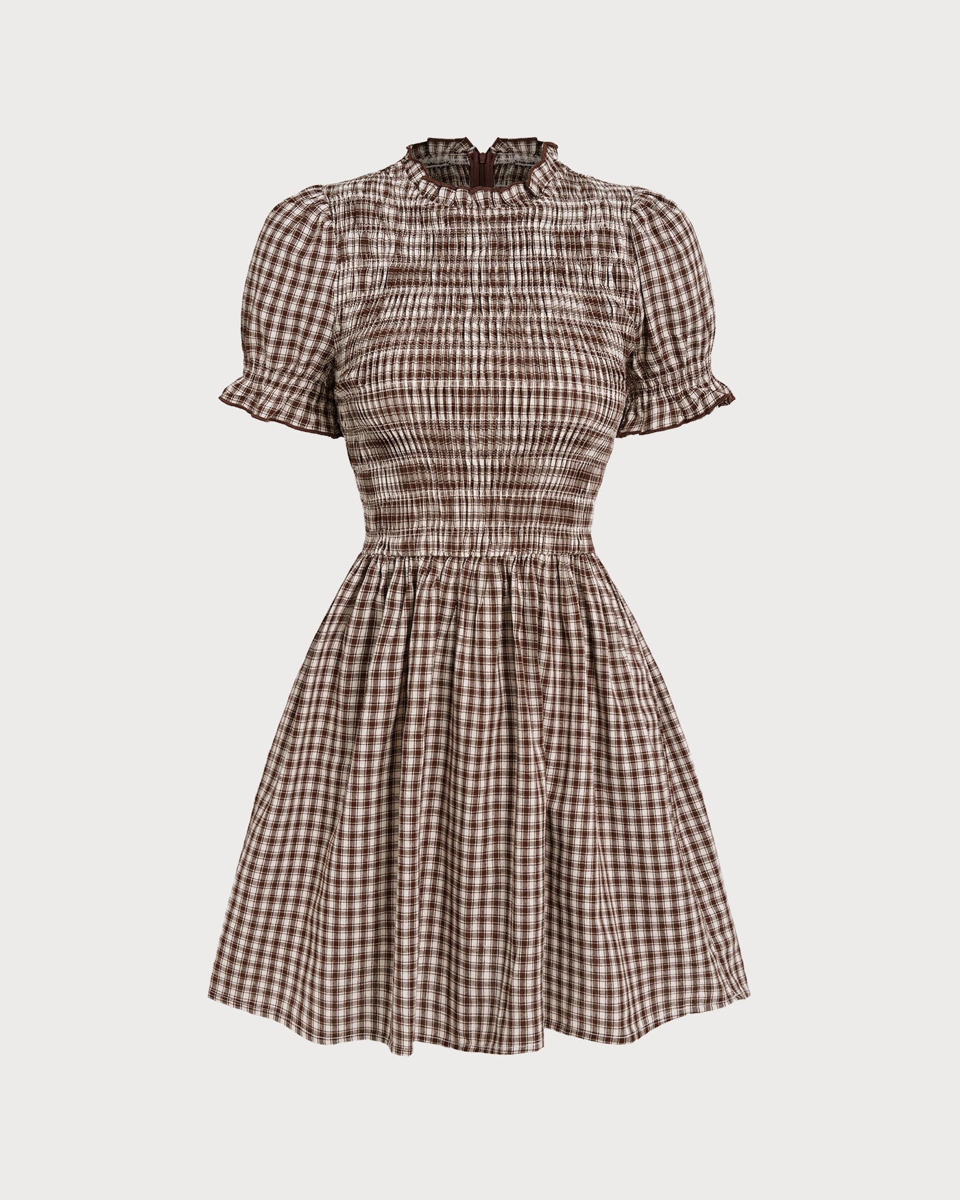 Kahve Gingham Balon Kol Mini Elbise