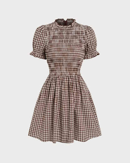 Kahve Gingham Balon Kol Mini Elbise
